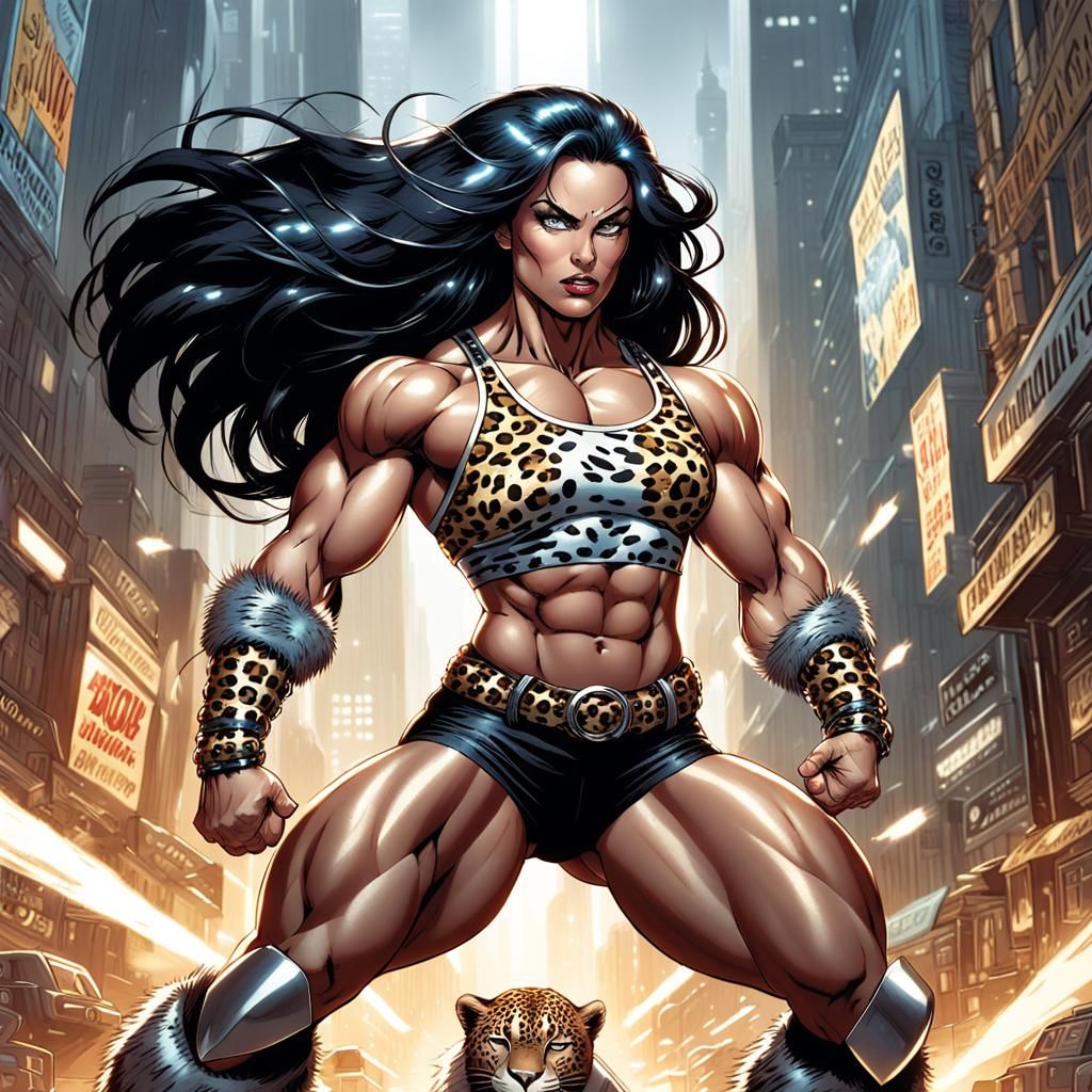 Muscular Woman Flexing in Comic Book Art Style