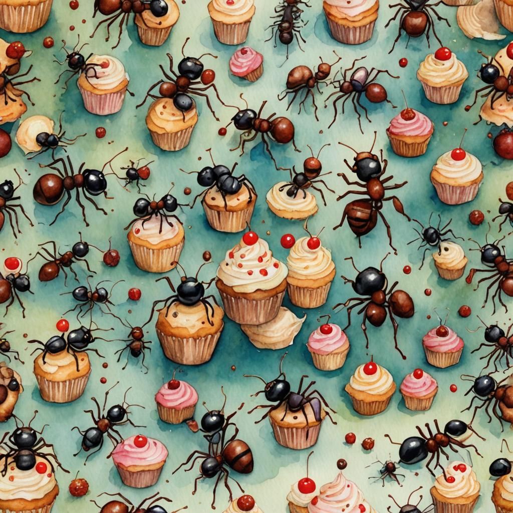 Whimsical Ants Eat Cupcakes: Watercolour Illustration