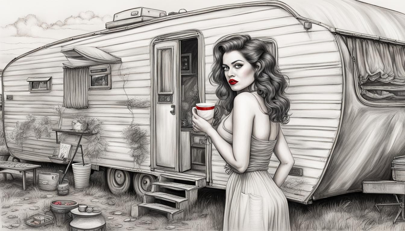 Hyperdetailed Charcoal Drawing: Trailer Park Woman