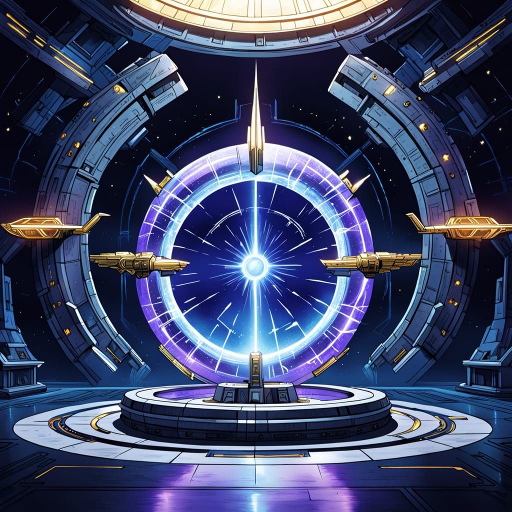 Marble and Gold Stargate in Hangar, Comic Book Style