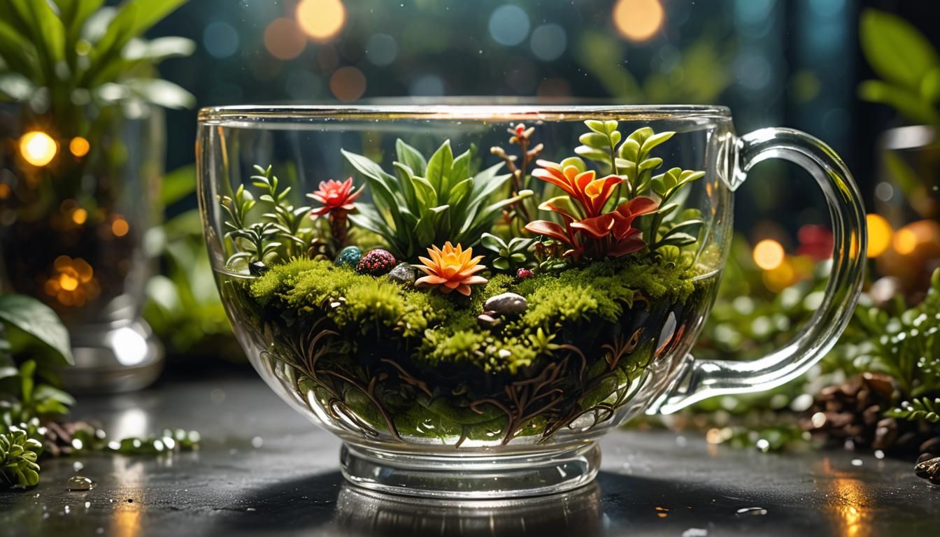 Miniature Ecosystem Inside Crystal Teacup: Macro Photography