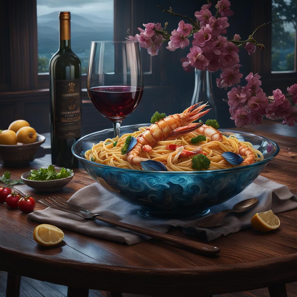 Seafood Pasta Still Life in Detailed Matte Painting