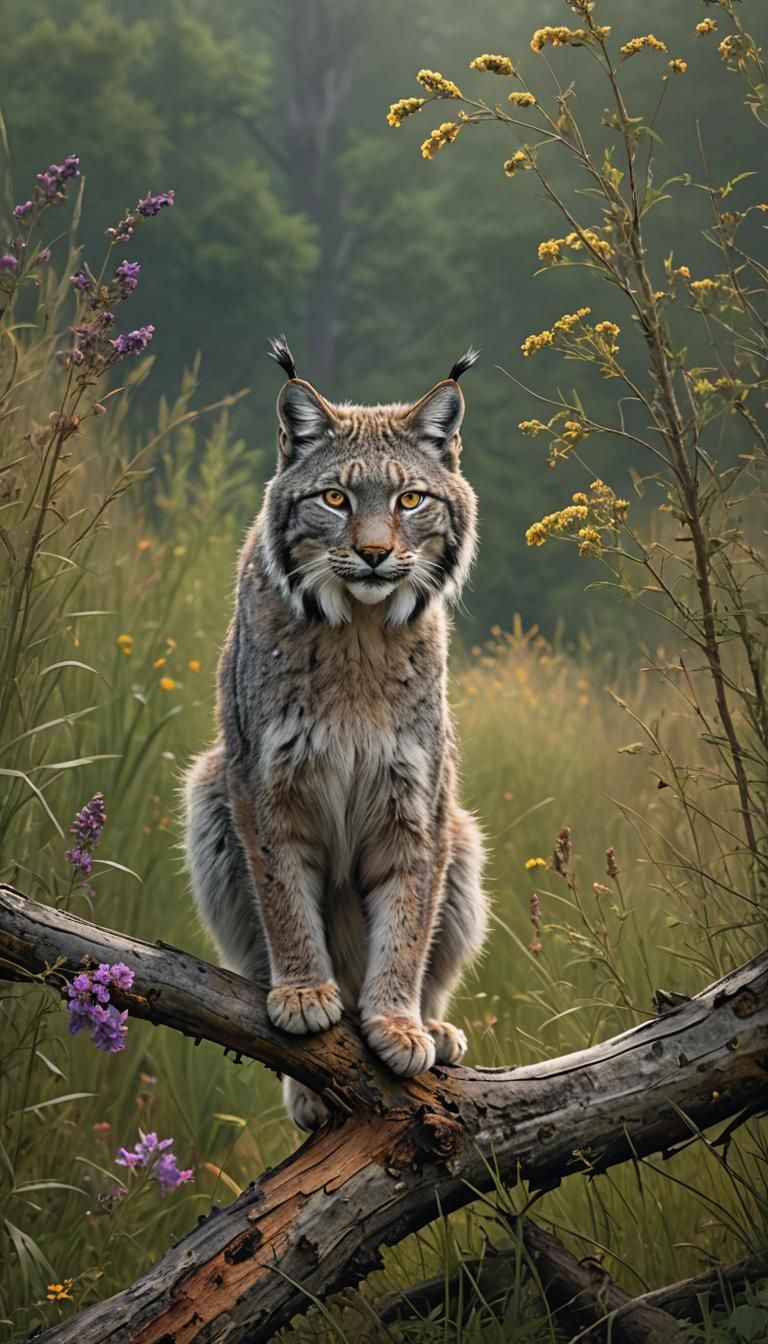 Canada Lynx Walking on Fallen Tree