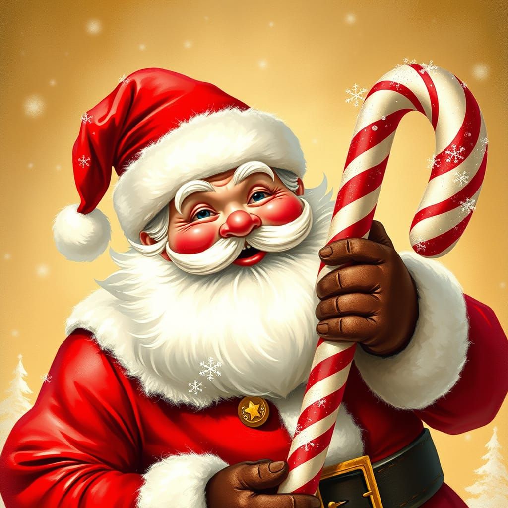 Jolly Santa Claus Holds Striped Candy Cane Against Winter Wo...