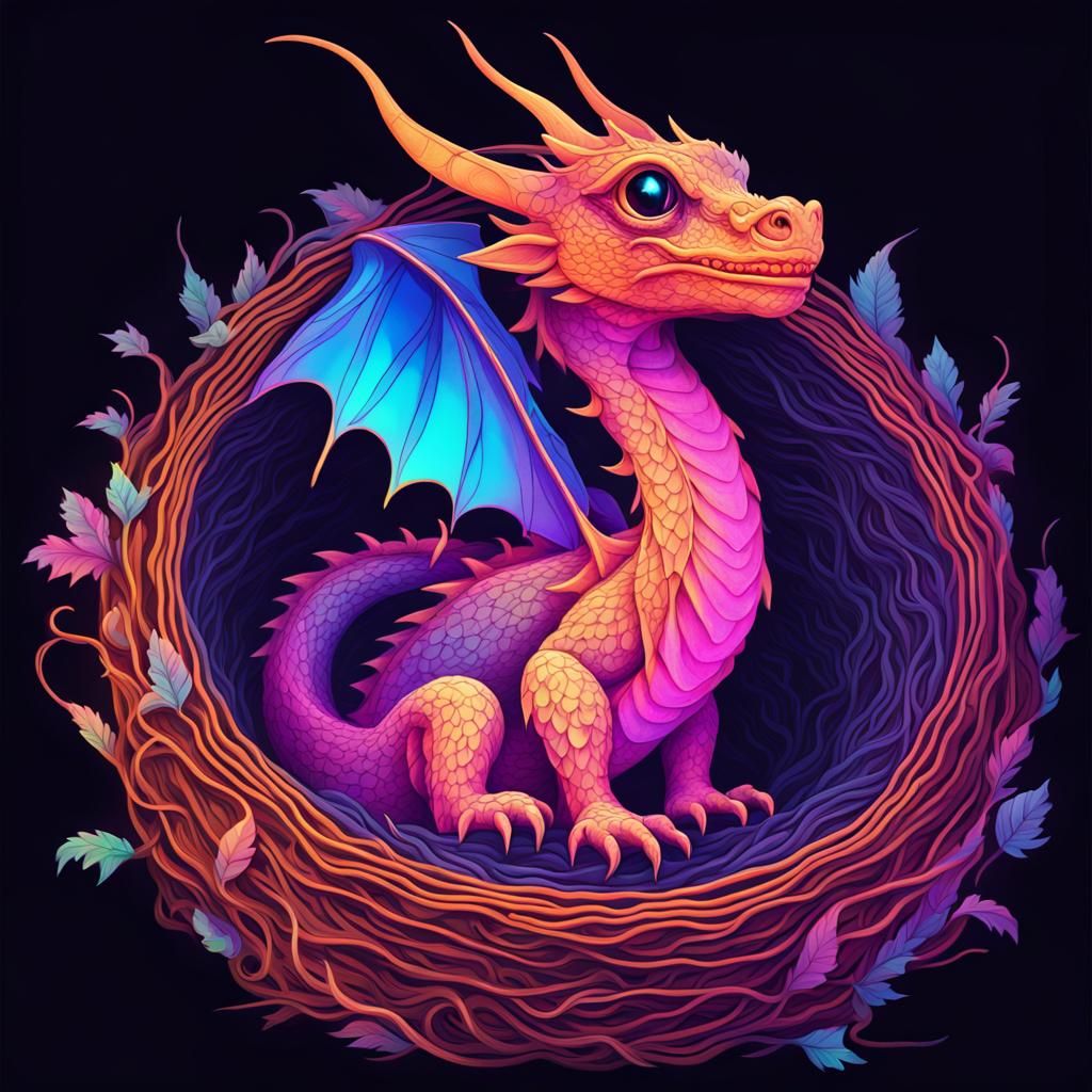Neon Dragon in Magic Nest Double Exposure