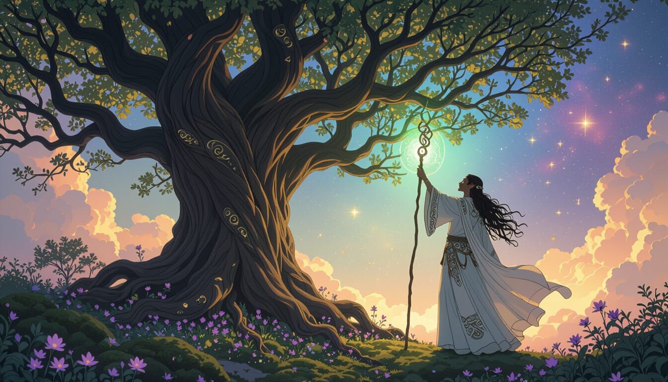 Elven Druid Communion with Ancient Tree