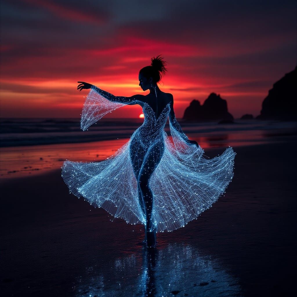 Surreal Beach Dance in Cyberpunk Aesthetic