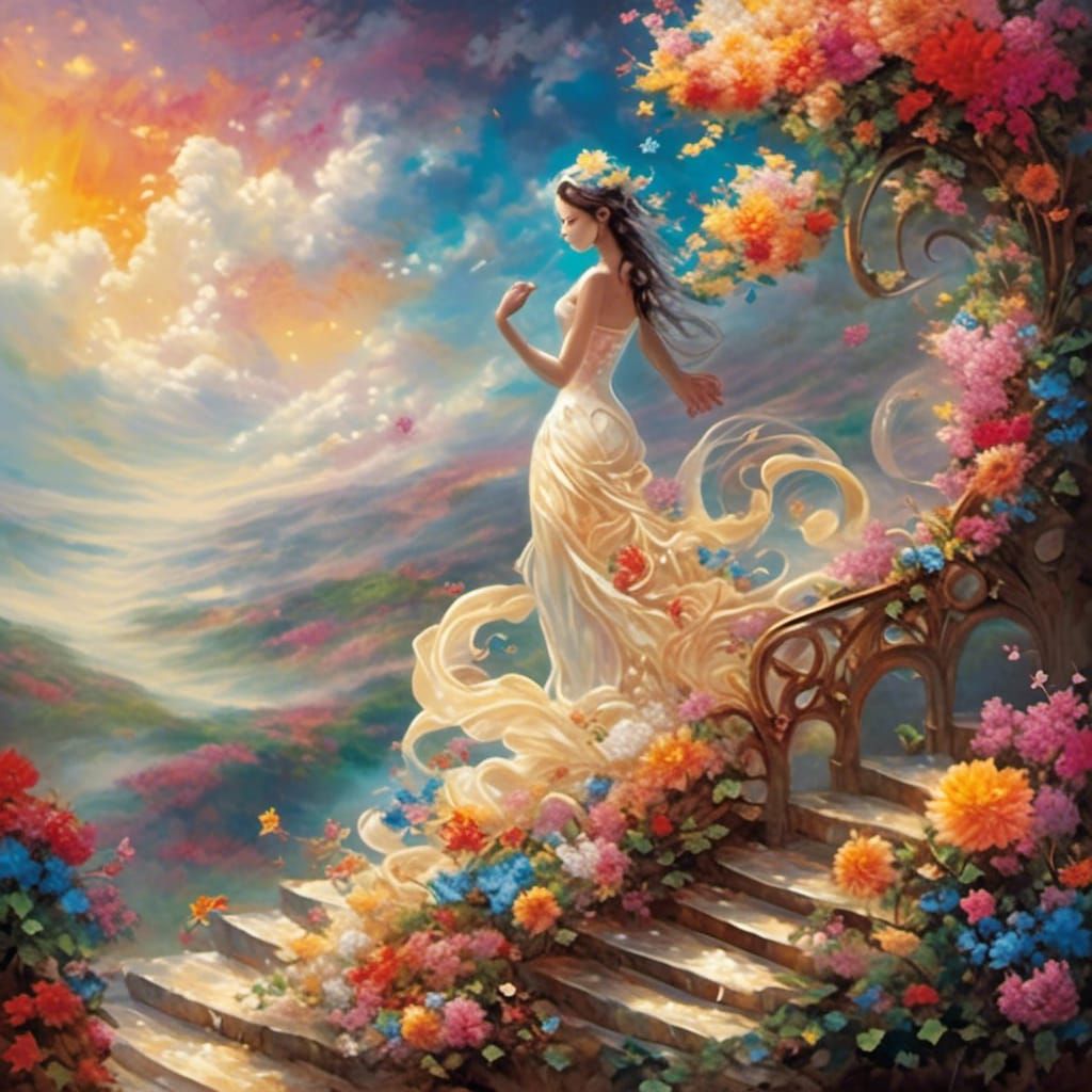 Enchanted Woman Ascends into Colorful Sky