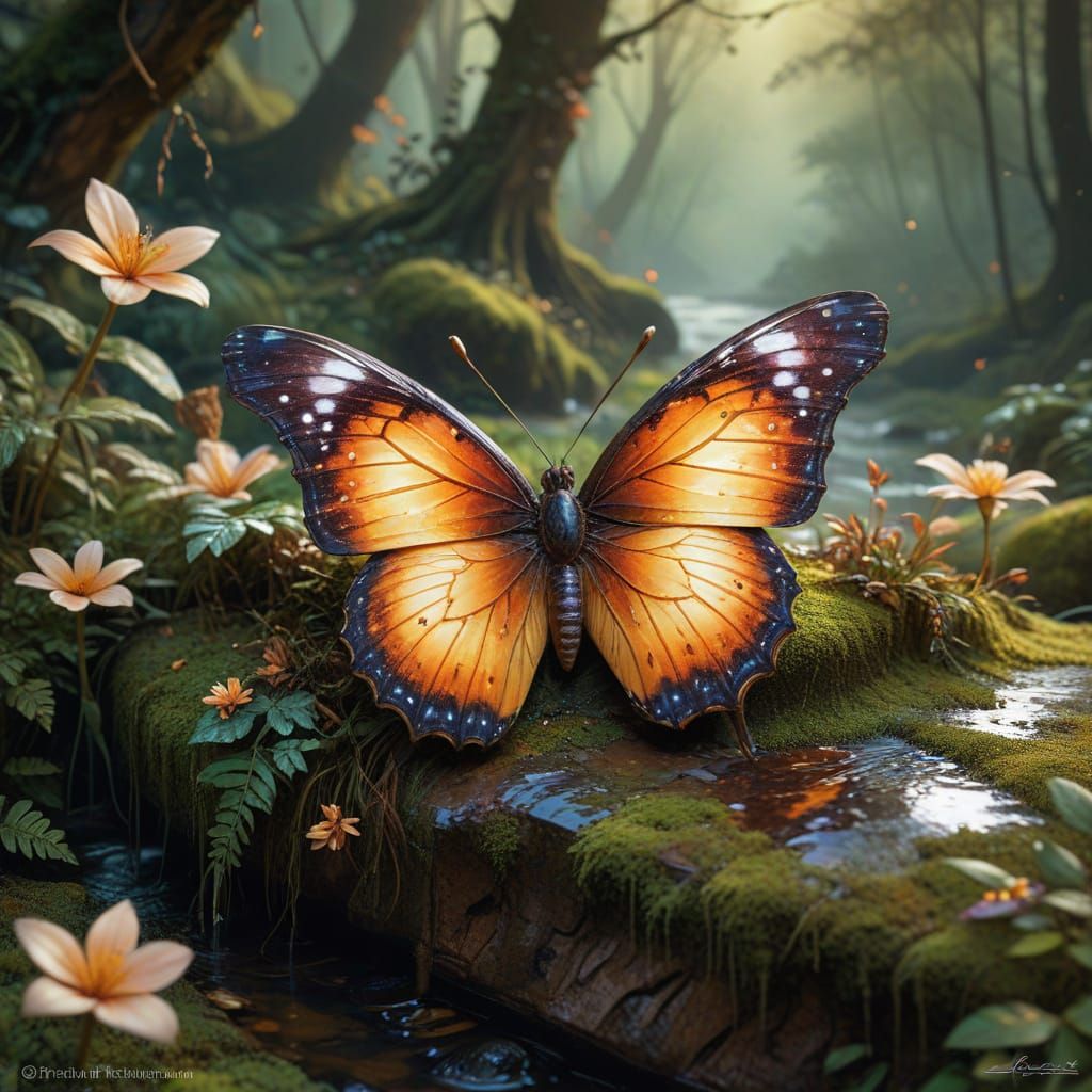 Hyper-Realistic Butterfly in Serene Forest Stream Fantasy