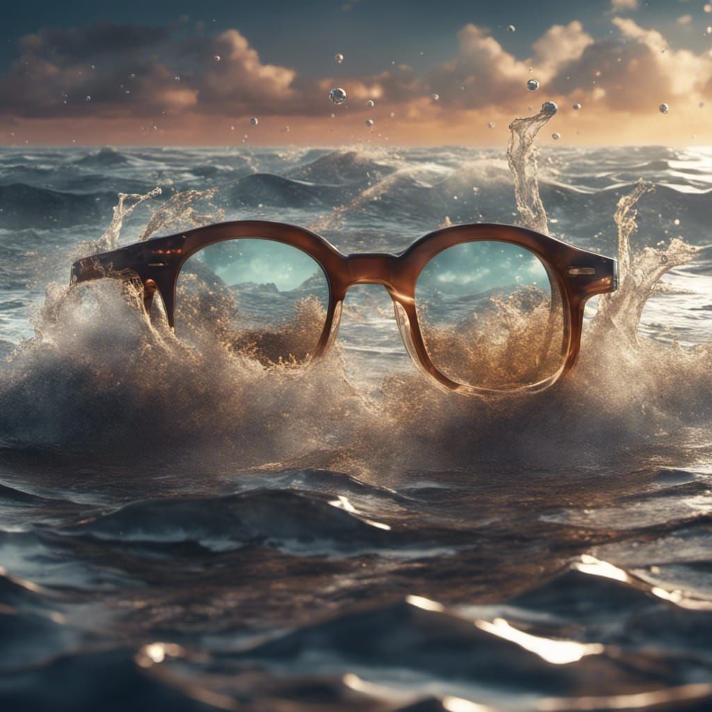 Glasses Drift into Ocean Waves in a Fantastical 8K Scene