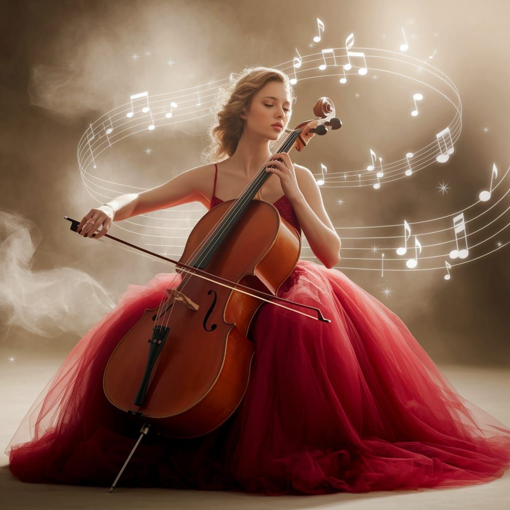 Ethereal Red Goddess Plays Cello in Dreamy Fog