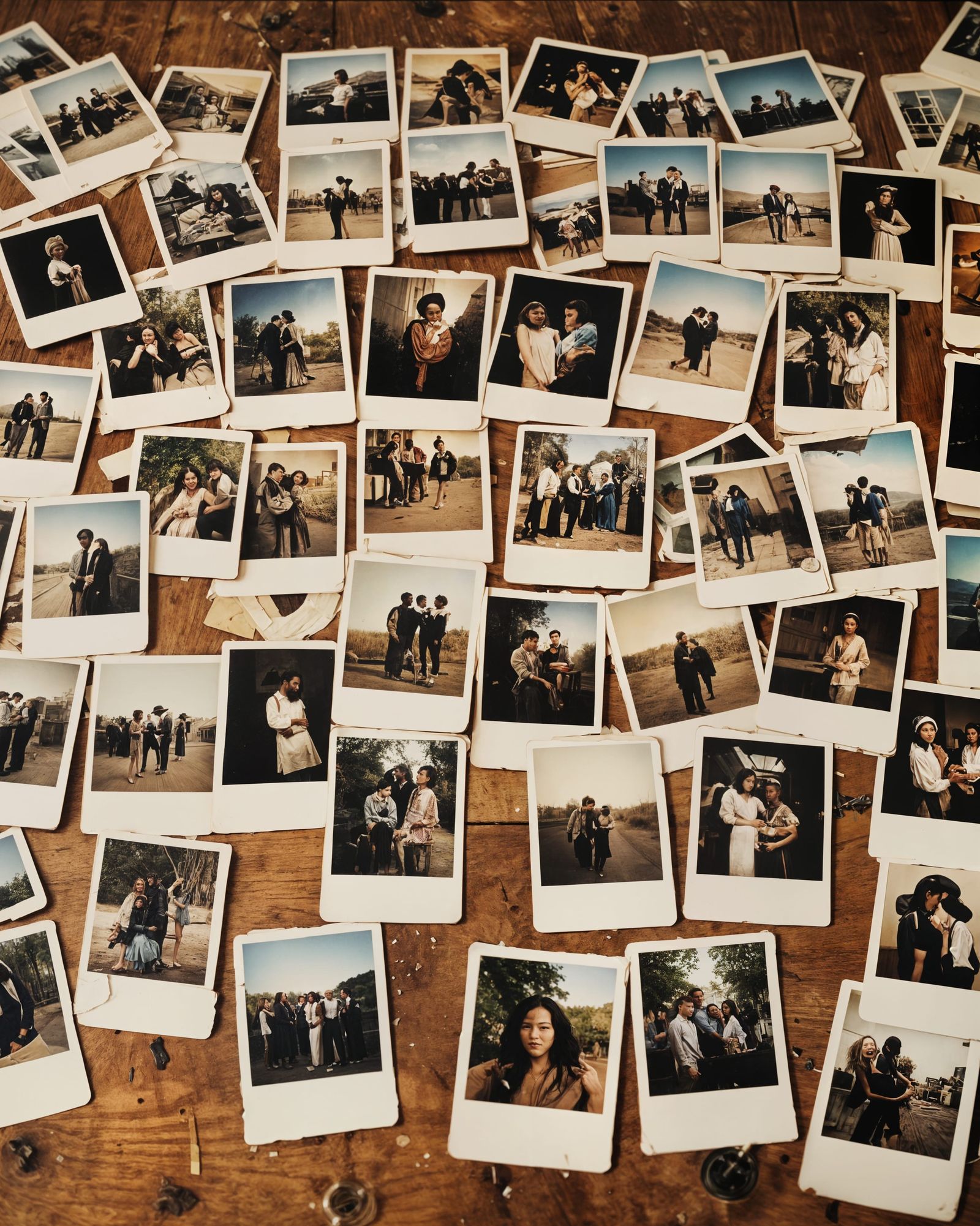Wooden Table Covered with Vintage Polaroid Photos