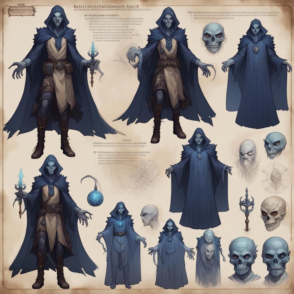 Hyperdetailed character sheet and concept art of D&D necromancer, Black undead mage performing different dark spells, ro...