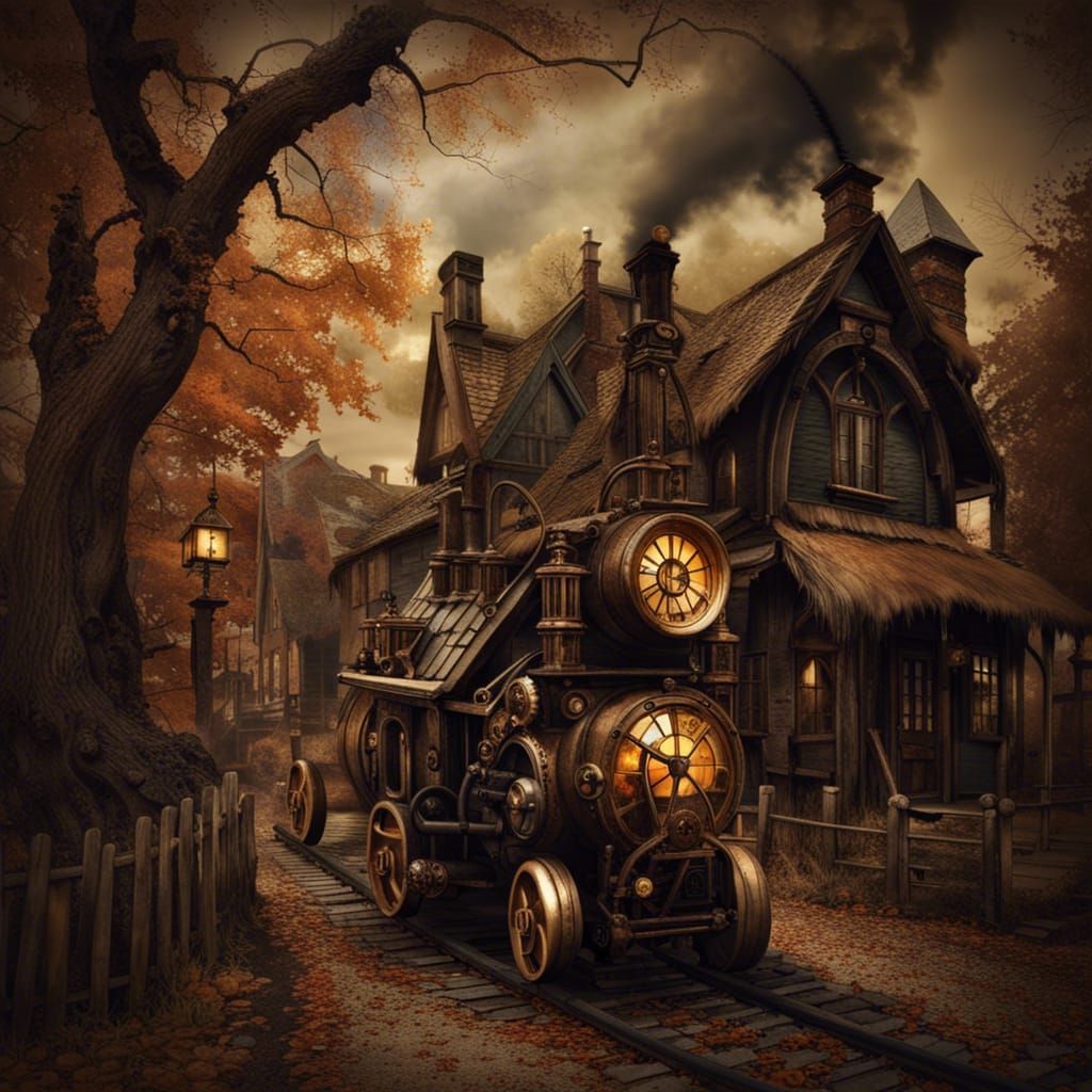 Haunted Halloween Steampunk Village Scene