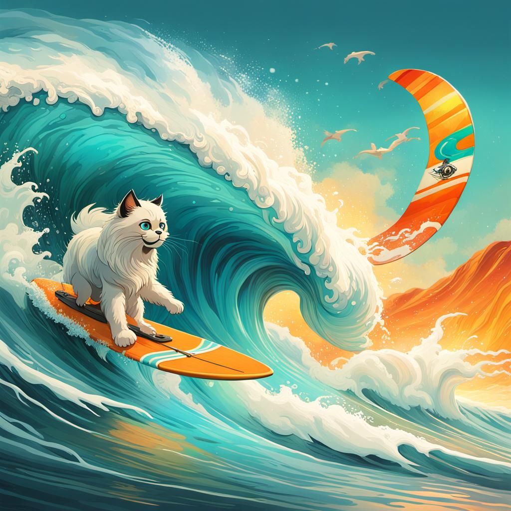 Birman riding a wave with a surfing board