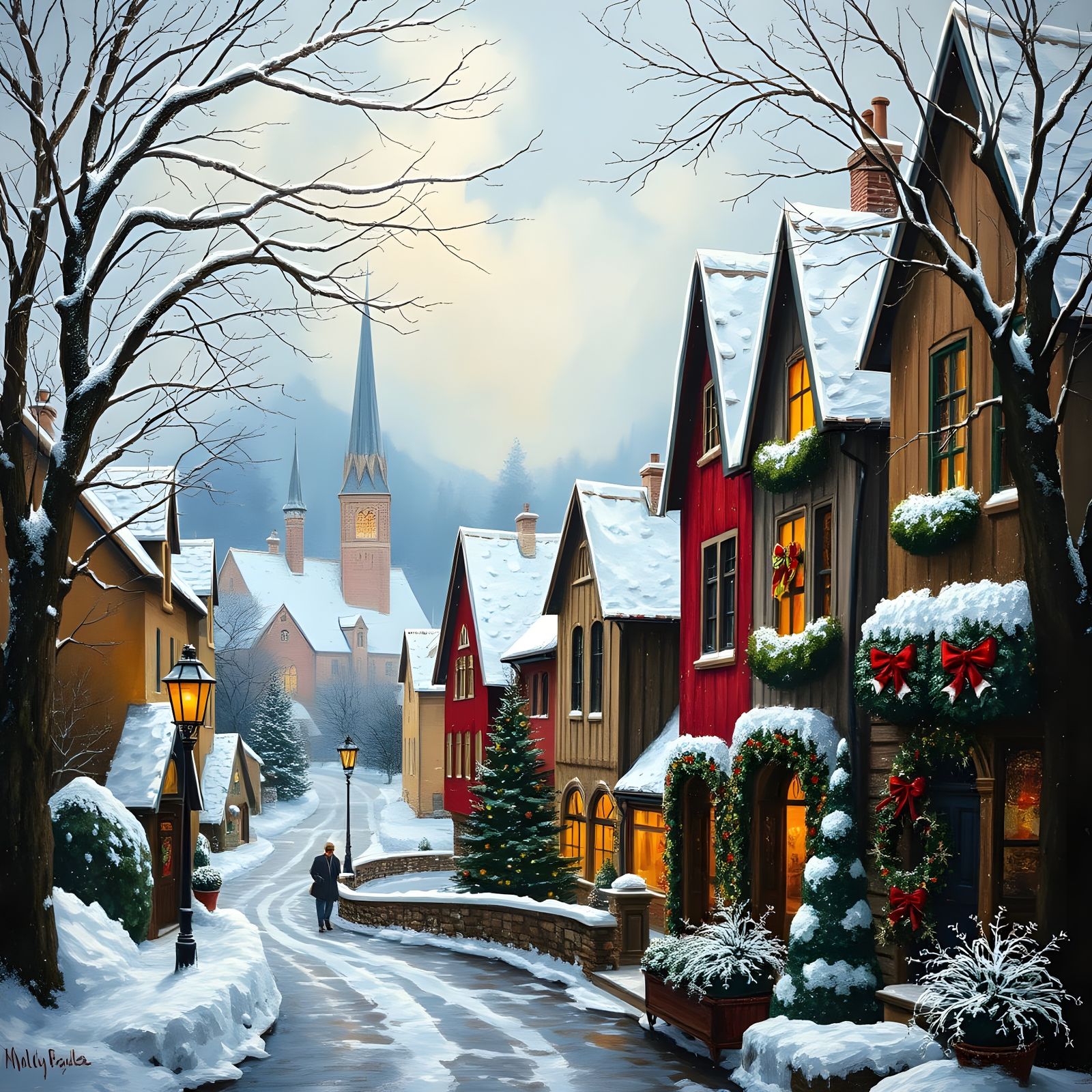 Snowy Village Christmas Scene in Traditional Oil Painting