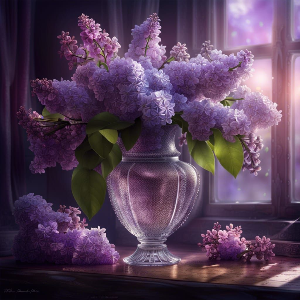 Magical Lilacs in Crystal Vase, Digital Matte Painting
