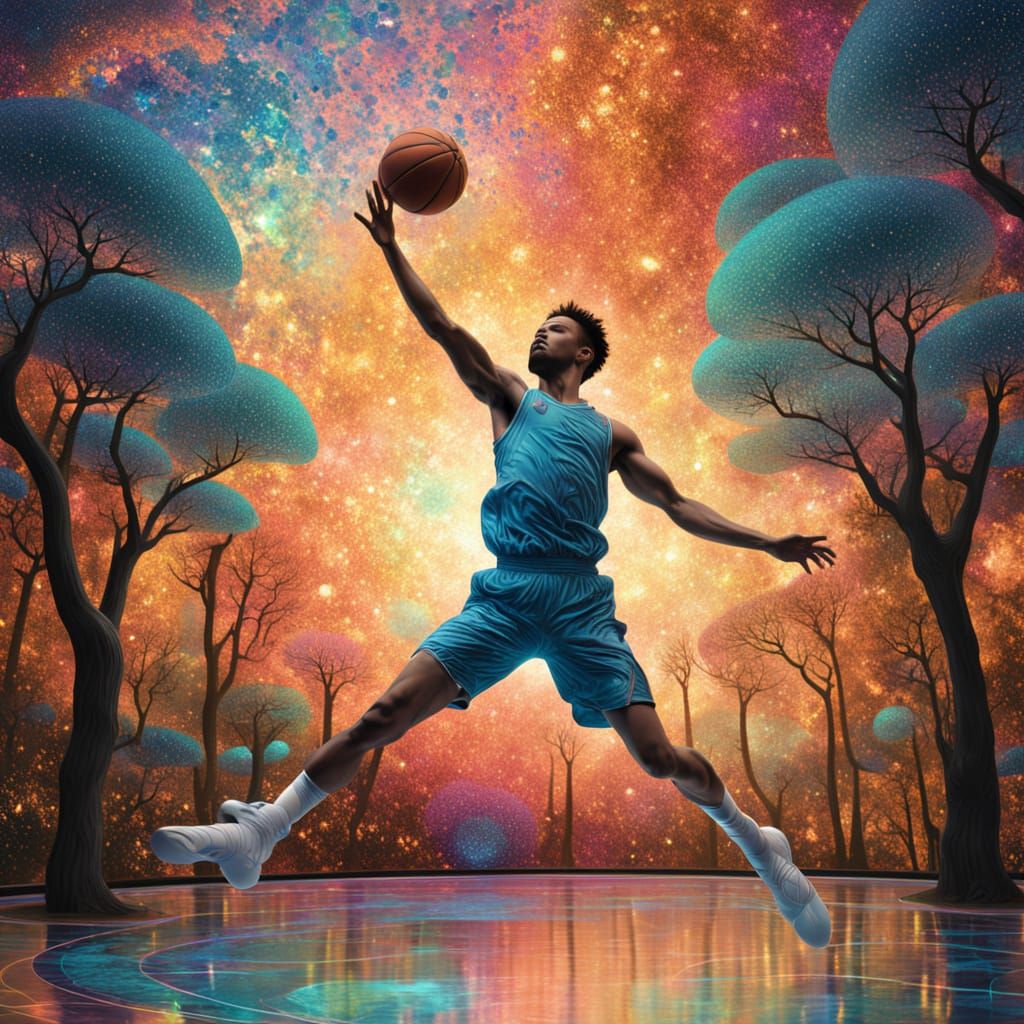 Surreal Basketball Player Among Stained Glass Trees