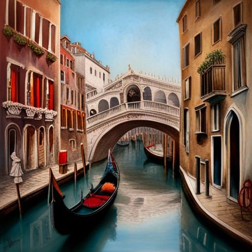 Venice Canal Paper Sculpture in Naive Art Style