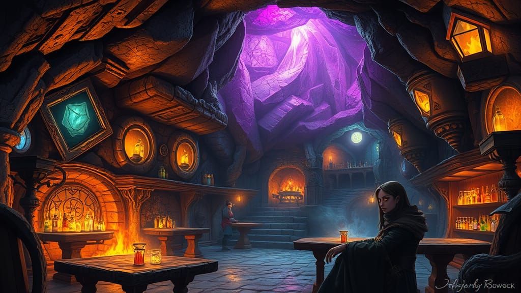 Underground Dwarven Tavern in Gemstone, Dark Fantasy Art