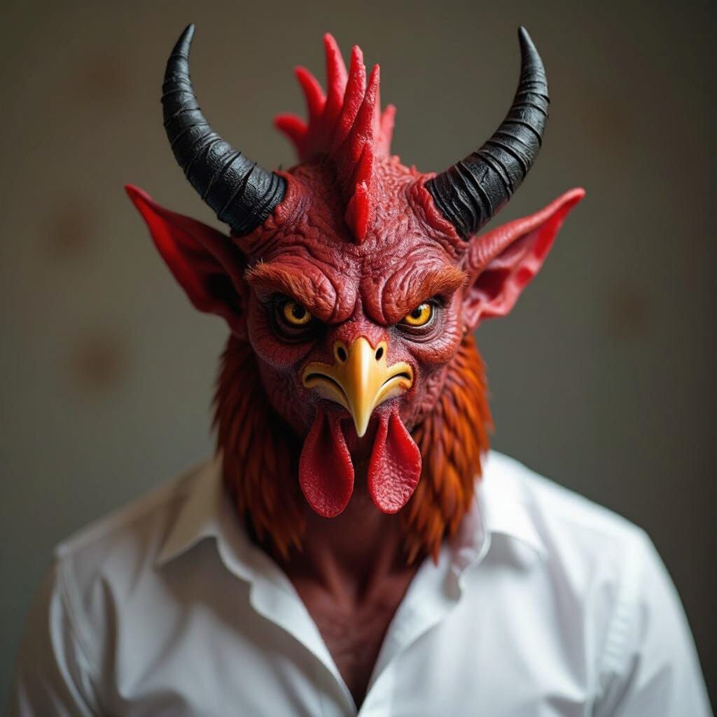 Whimsical Devil with Chicken Head Illustration