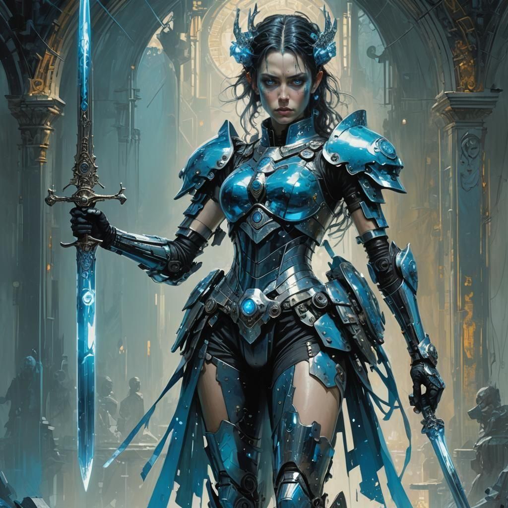 A beautiful cyborg warrior holding a sword