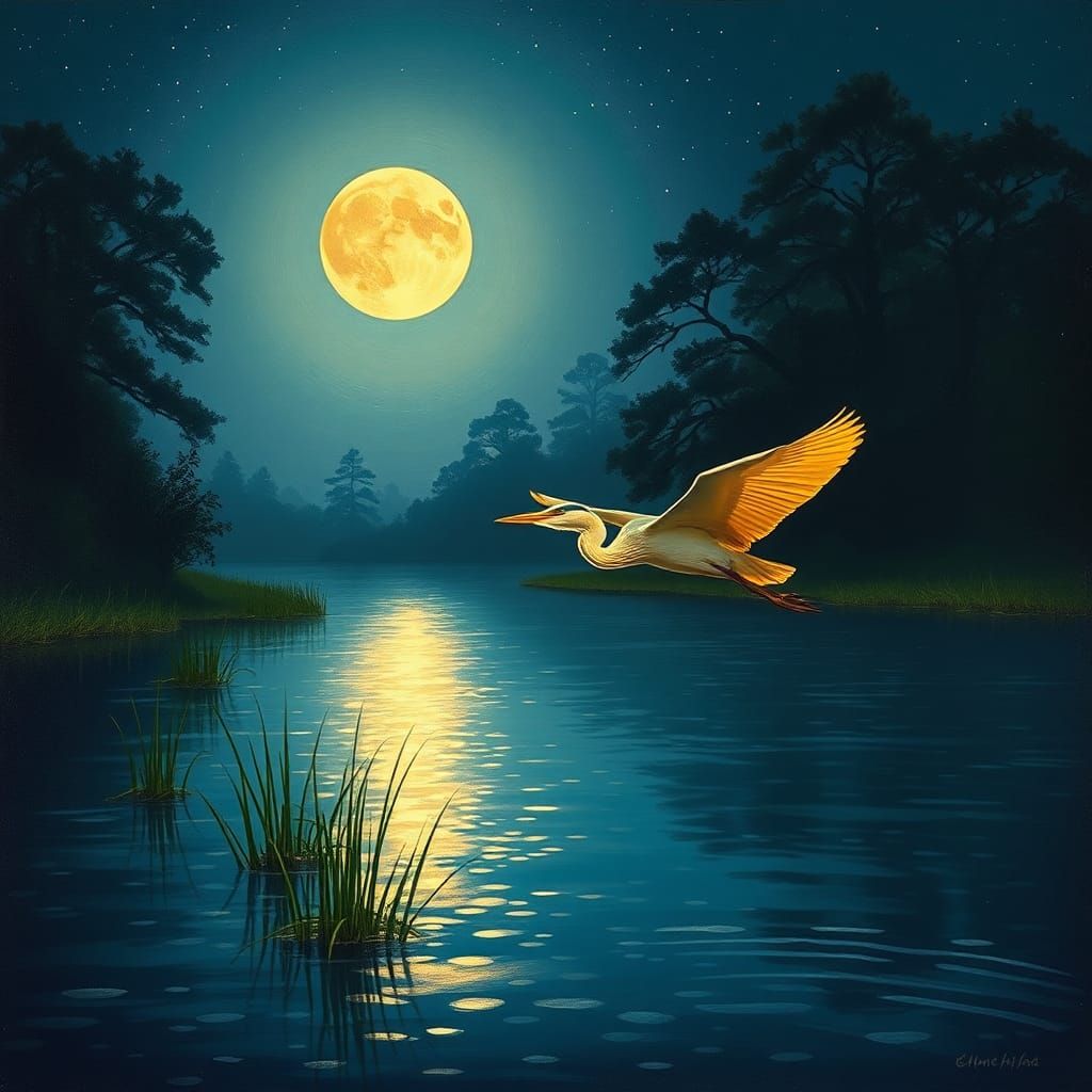 Golden Heron in Moonlit Marsh, Impressionistic Painting