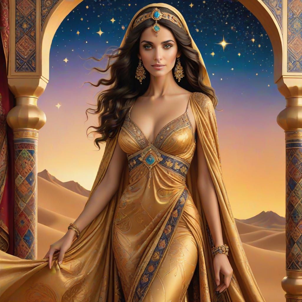 Scheherazade stands regal, 1001 Arabian Nights