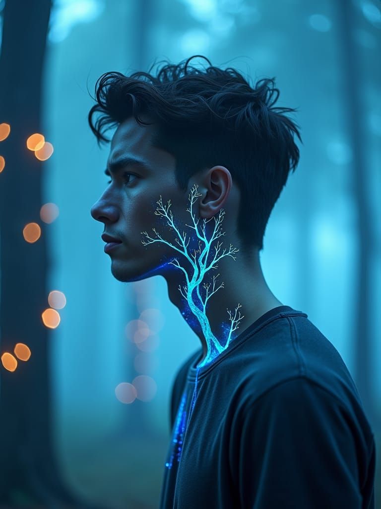 Ethereal Male Portrait in Dreamcore Cyberpunk Forest