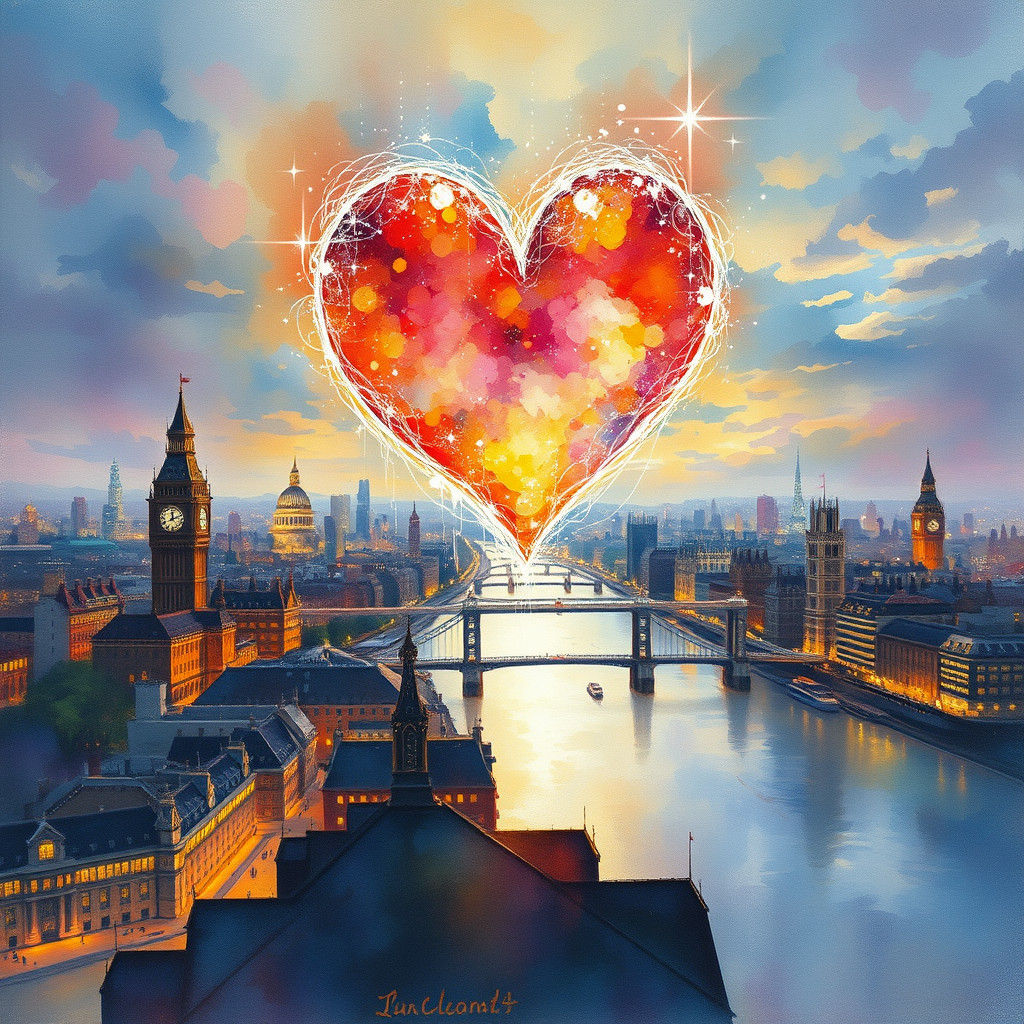 Heart Over London in Flat Shading Watercolour Style