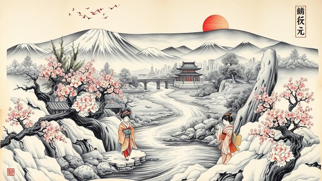 Japanese Landscape on Bull Skin as Trompe l'oeil