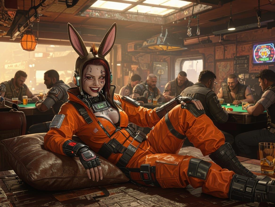 Cyberpunk Survivor Girl Smirks in Post-Apocalyptic Cantina