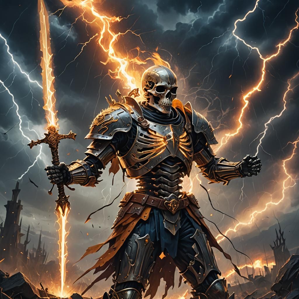 Armored Skeleton Raises Flaming Sword in Storm