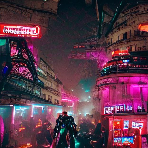 Cyberpunk Paris Street Scene at Night