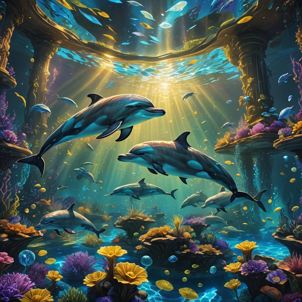 Bioluminescent Dolphins in a Magical Underwater Pool