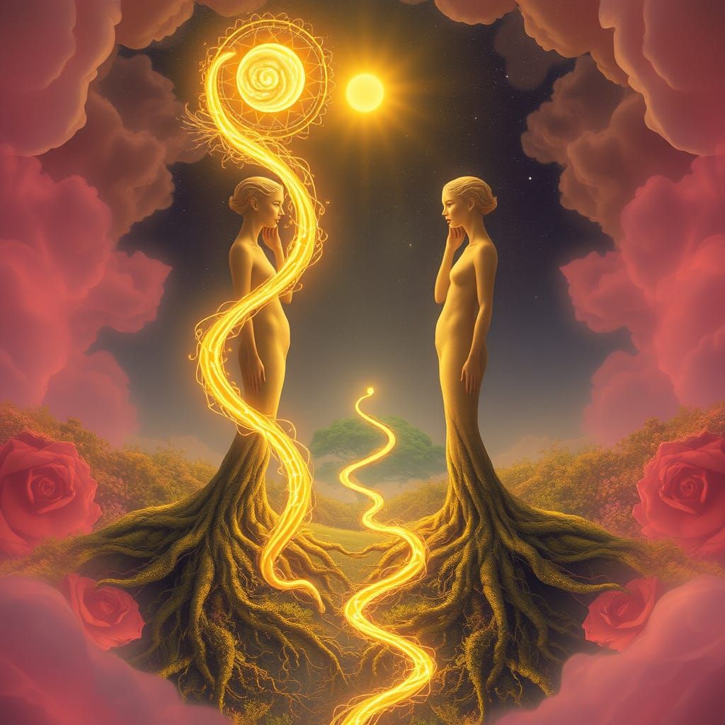Ethereal Union of Two Souls in Ascending Golden Light