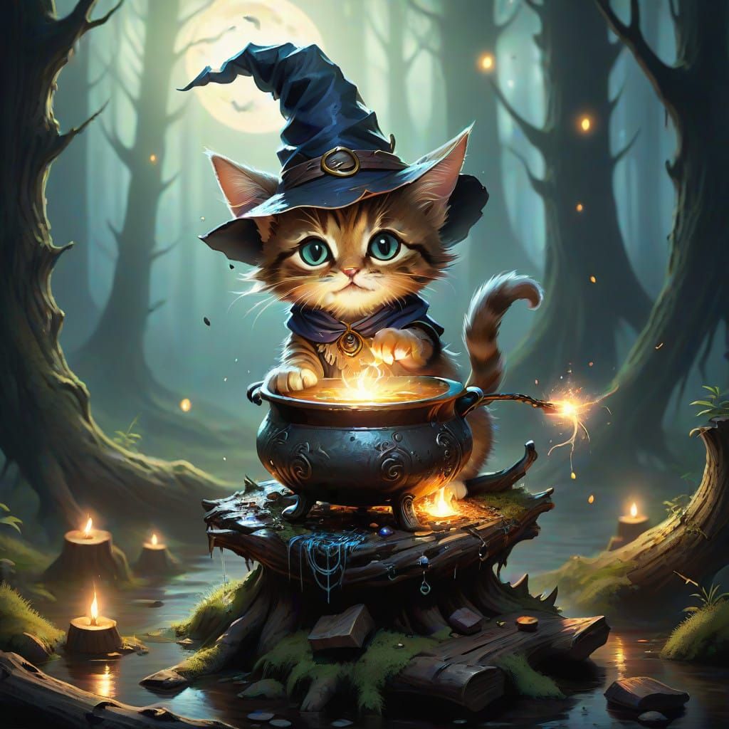 Mystical Whiskered Witch in Enchanted Forest