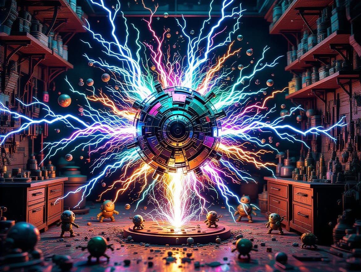 Metal World mayhem apotheosis metallic  iridescent  intricate details  vibrant colors.  dynamic by artist " apotheosis m...