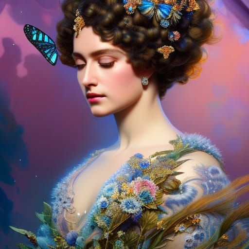 Queen in Indigo Butterfly and Flower Ballgown