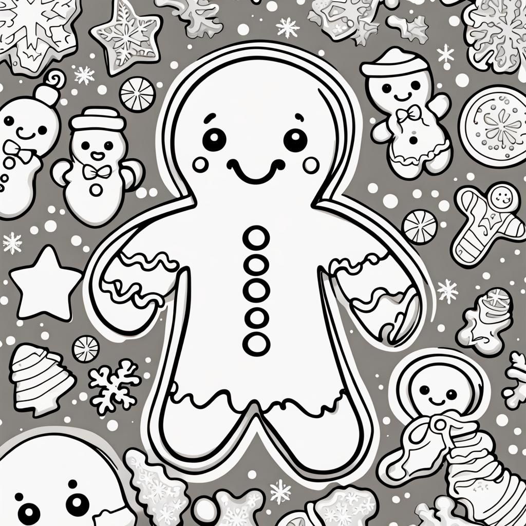 Kawaii Christmas Gingerbread Man Line Drawing