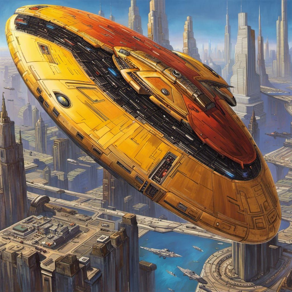 Retro Starship Over Urban City, Sci-Fi Concept Art