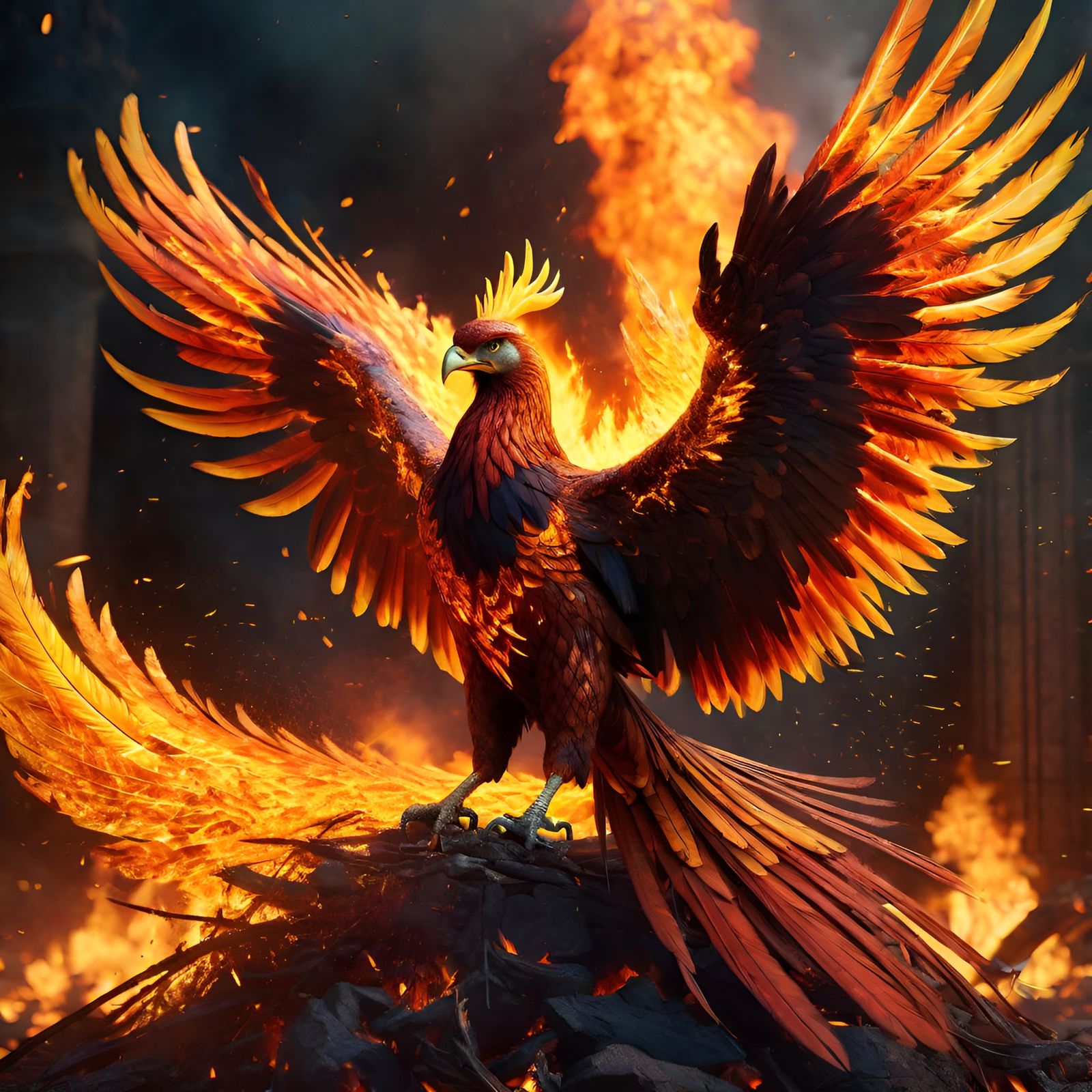 Phoenix Rising from Ashes in Detailed Matte Painting