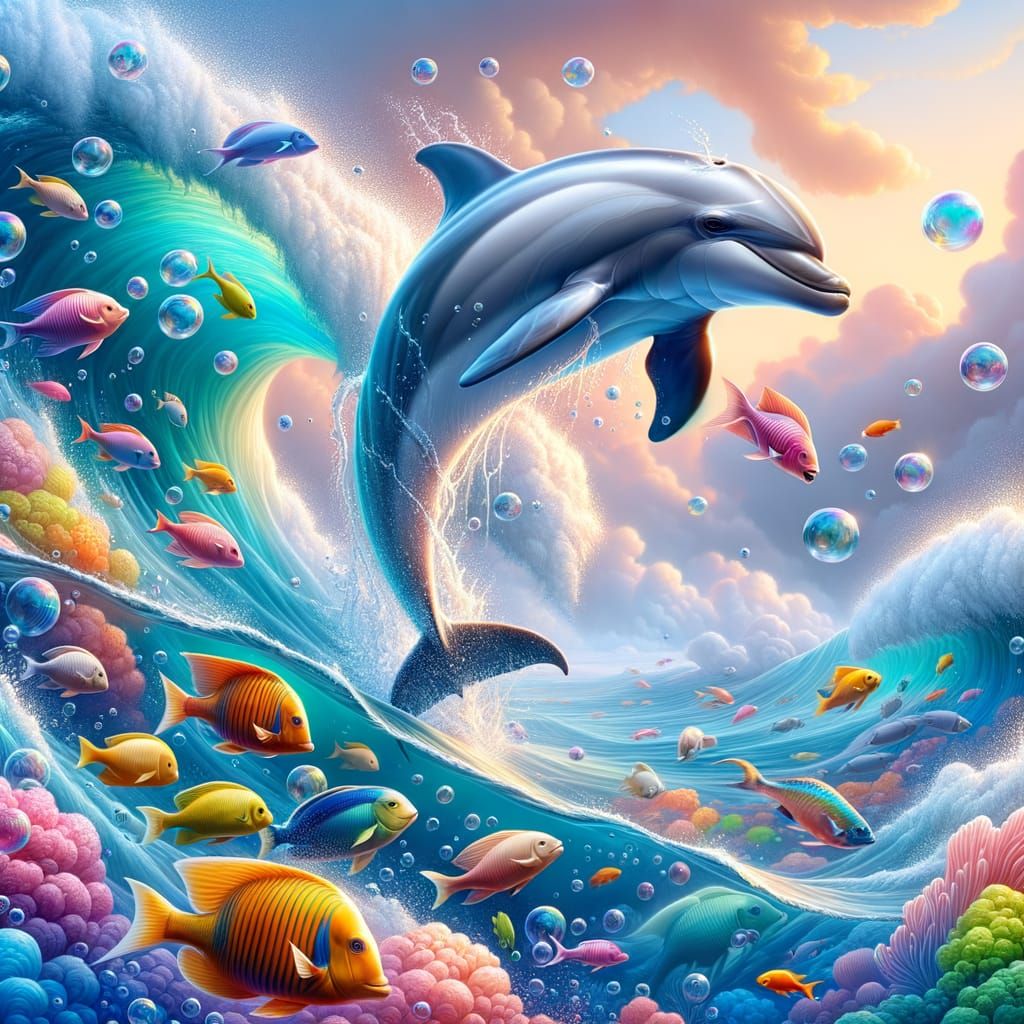 Joyful Dolphin Leaping in a Hyperrealistic Marine Scene