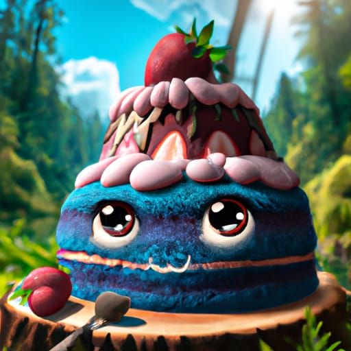 Adorable Blueberry Cake in Forest, Digital Illustration