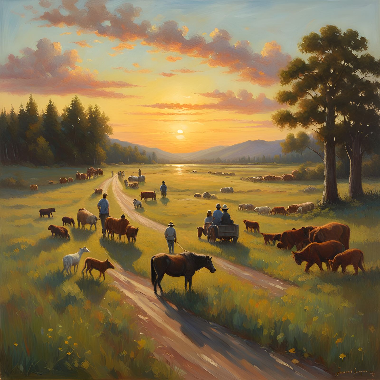Sun Setting Over Meadow Highway, Oil Painting