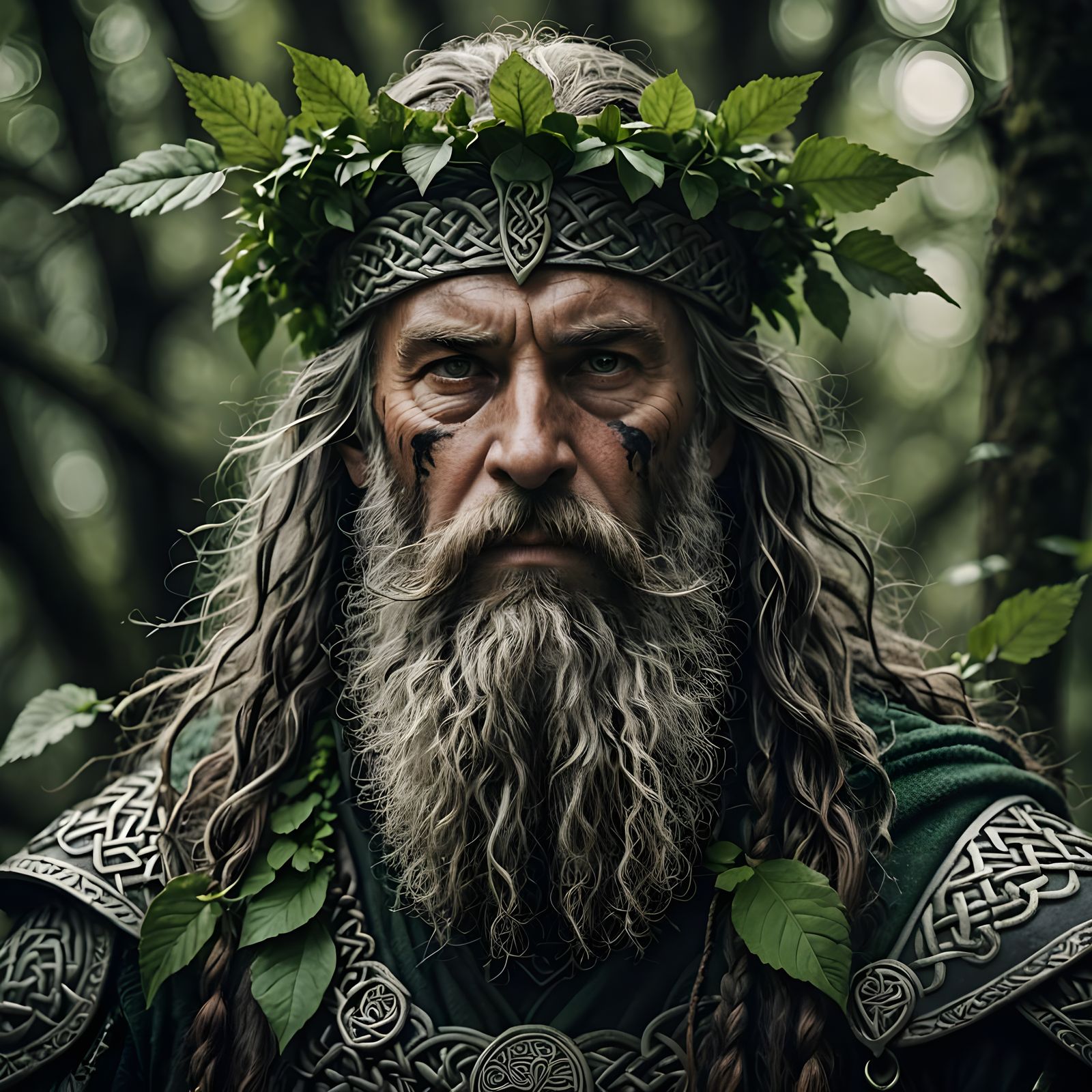 Wise Celtic Warrior in a Dark Fantasy Landscape