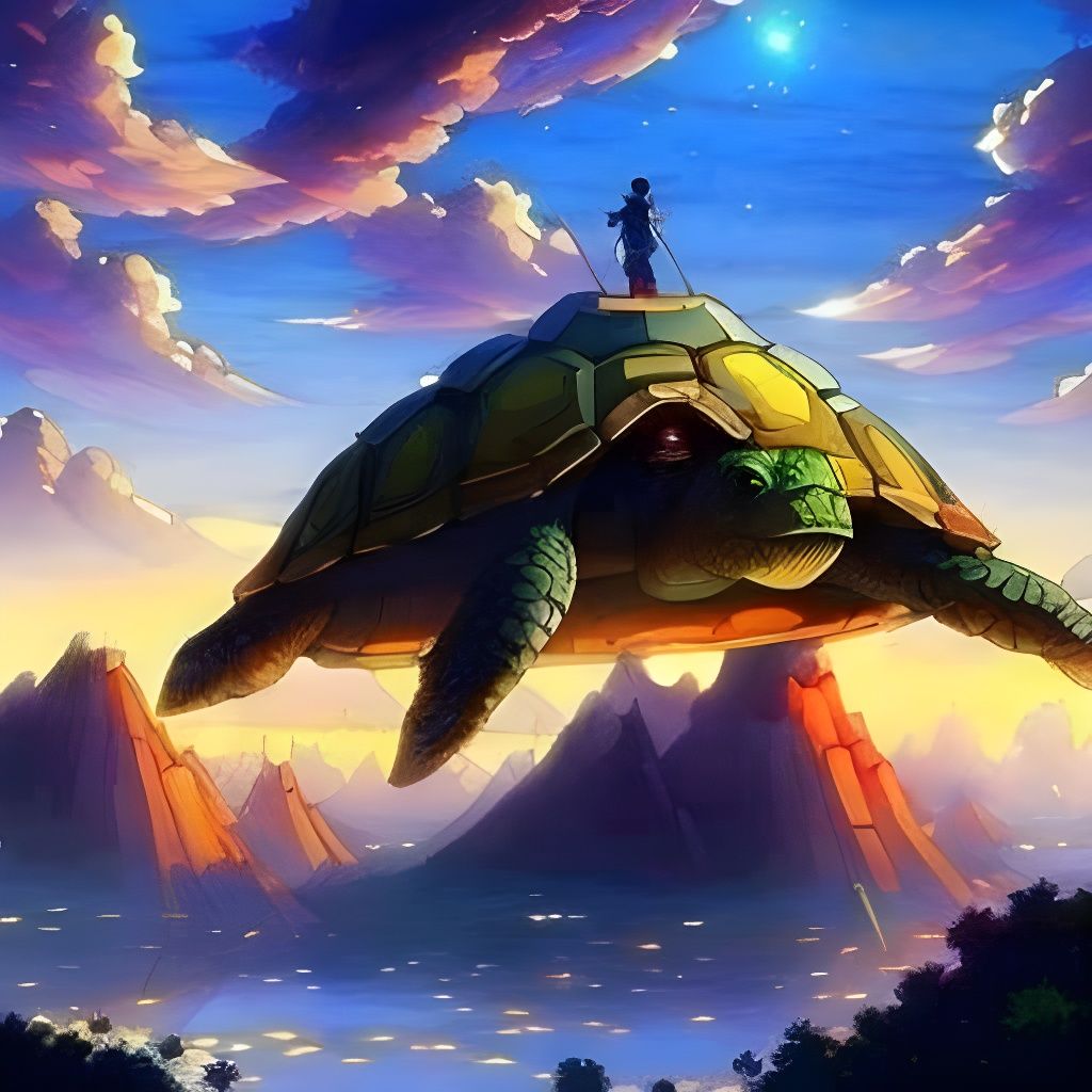 Tortoise Rider Soaring Over Sky Island at Night