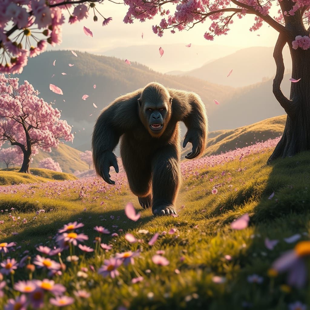 Majestic Sasquatch Runs through Vibrant Cherry Blossom Field