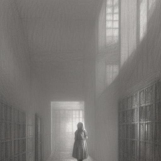 Lonely Girl in School: Hyperdetailed Horror Charcoal Drawing