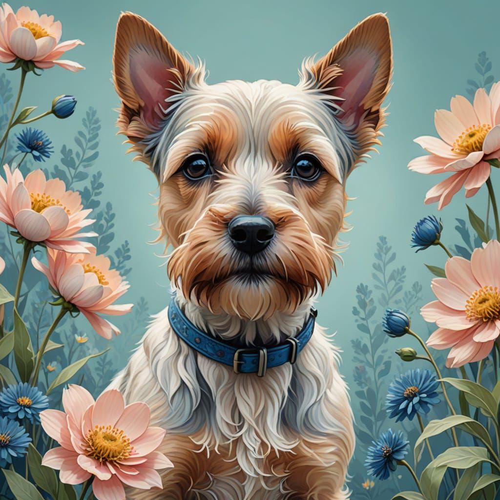 A portrait of Terrier, the background is the petals of an oversized flowers, The flower has blue stamens and long leaves...